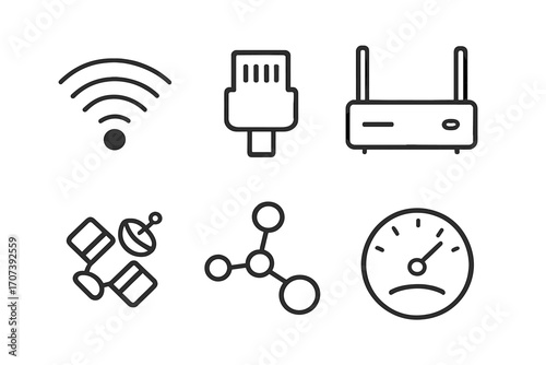 Minimalist technology line icon set. Internet connection concepts. Wifi, ethernet, router, satellite, network, slow speed. Vector simple outline symbols for web and mobile.