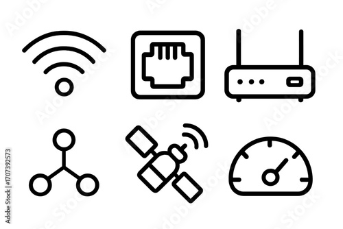Technology icon set. Wifi, internet, network, connection concept. Vector line icons. Ethernet port, router, modem, satellite, data speed. Minimalist pictogram collection.