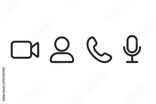 Video call interface minimalist icon set. Vector outline symbols for web and mobile apps. Camera, user, phone, microphone buttons for online communication and meeting.