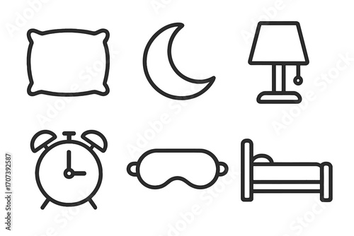 Sleep essentials icon set. Minimalist line art vector illustration of a pillow, moon, lamp, alarm clock, mask, and bed. Nighttime, bedtime, and rest concept symbols.