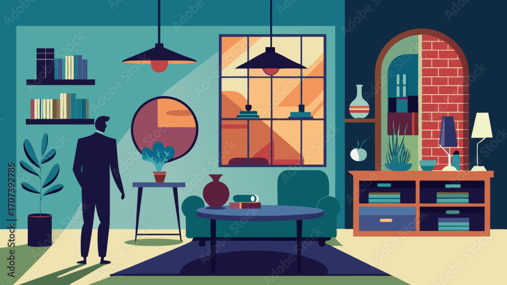 Obraz premium Vector art of man in a suit standing in a modern living room with furniture and decor