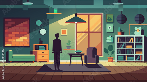 Vector art of modern living room interior with furniture and silhouette illustration