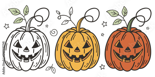 Cute and spooky pumpkin patch illustration. Jack-o’-lanterns with different expressions, autumn leaves, hay bales, and Halloween decorations. Fun and festive Halloween concept. Isometric/vector illust