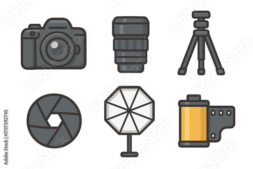 Photography equipment icons set including camera, lens, tripod, shutter, softbox, film roll, vector cartoon illustration with transparent background, ordered icons collection