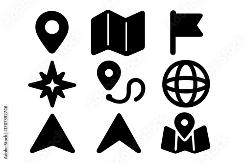 Navigation and location icons set, bold silhouette style vector, map markers, compass, globe, route, flag, direction arrows, GPS location pin, travel and mapping symbols collection