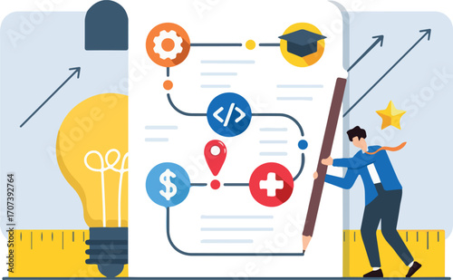 Flat illustration of professional drawing career road map with various branching paths and milestones