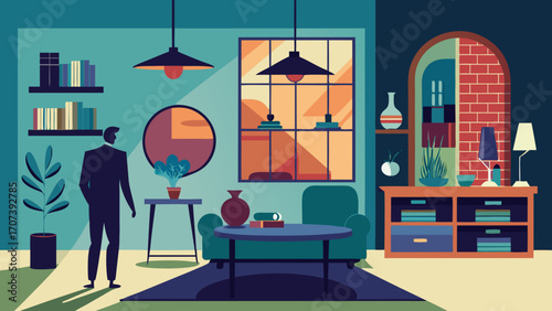 Vector art of man in a suit standing in a modern living room with furniture and decor