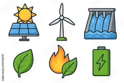 Renewable energy icons set with solar panel, wind turbine, hydropower dam, biomass fire, eco leaf, green battery, clean energy symbols, vector cartoon illustration