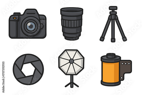 Photography equipment icons set including camera, lens, tripod, shutter, softbox, film roll. Vector cartoon illustration with transparent background, professional photo gear collection.