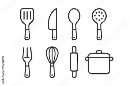 Set of minimalistic outline kitchen utensil icons for culinary design, vector cartoon illustration with transparent background, cooking tools collection, kitchenware symbols