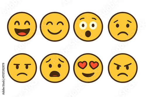 Set of eight expressive emoji faces showing various emotions and moods, vector cartoon illustration with transparent background, emotional icons collection, digital faces set