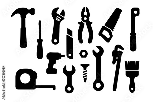 Silhouette icon set of essential construction, repair tools, hammer, wrench, screwdriver, saw, pliers, drill, tape measure, brush, utility knife, pipe wrench, bolt, screw, vector illustration