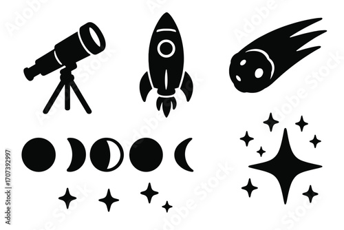 Silhouette planetary icons set with telescope, rocket, comet, moon phases, shining stars, space exploration vector cartoon illustration, transparent background