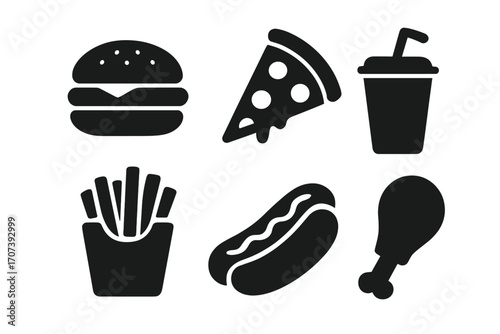 Silhouette icons of fast food favorites including burger, pizza slice, soft drink, fries, hot dog, and chicken drumstick vector set, black cartoon food illustration