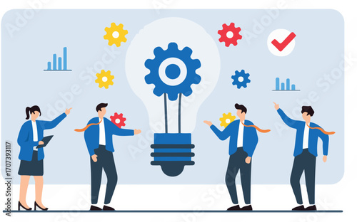 Flat illustration of colleagues supporting lightbulb idea being implemented as new business initiative