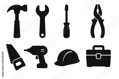 Silhouette tool icons set with hammer, wrench, screwdriver, pliers, saw, drill, helmet, toolbox, vector cartoon illustration, transparent background, ordered set, repair and construction equipment