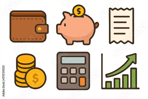 Simple financial icons set including wallet, piggy bank with coin, receipt, calculator, stacked coins, and growth chart arrow, vector cartoon illustration for finance and budgeting concept