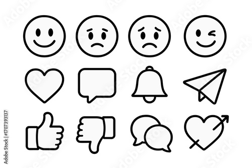 Set of simple line art emoji icons for messaging and social media, minimalistic cartoon style, emotional faces, communication symbols, transparent background, organized vector illustrations
