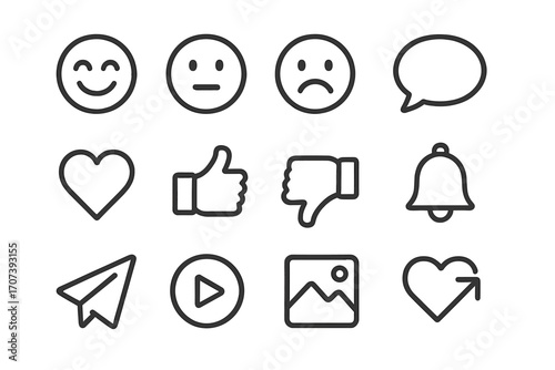 Simple line art emoji icons set for messaging and social media graphics, vector cartoon illustration with transparent background, ordered collection of chat and reaction symbols