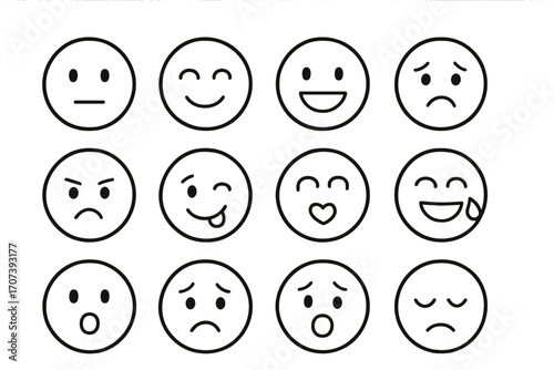 Simple line art emoji set with various facial expressions for messaging and design, vector cartoon illustration collection, transparent background, ordered emoticon faces