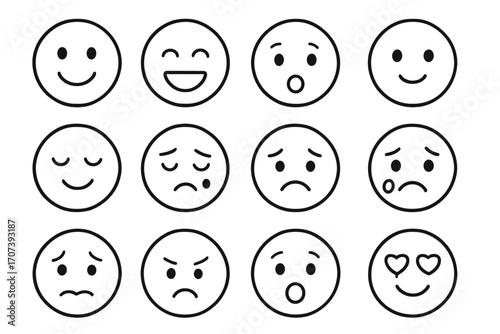 Simple line art emoji set depicting diverse human emotions emotional expressions faces illustration vector cartoon style transparent background ordered collection