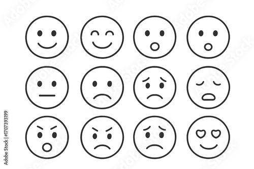Simple line art emoji set depicting diverse human emotions, expressive faces, vector cartoon illustration, transparent background, ordered emotional icons collection, mood symbols