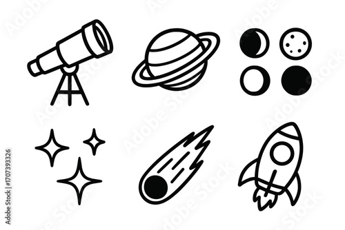 Simple space icons collection with telescope, planet with rings, moon phases, sparkling stars, comet, and rocket vector cartoon set with transparent background for astronomy and science design