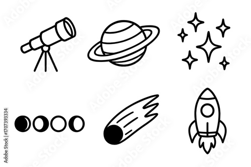 Simple space icons collection with telescope, planet with rings, moon phases, shining stars, fast comet, rocket ship, vector cartoon illustration, transparent background, ordered set