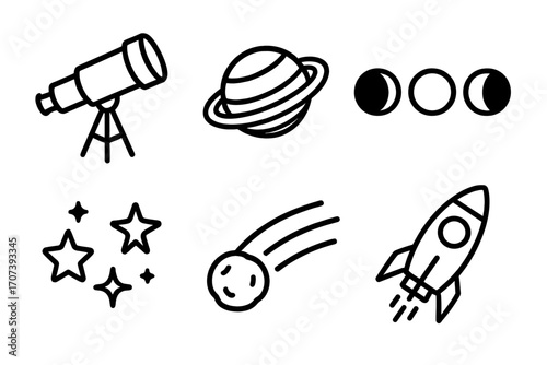 Simple space icons collection with telescope, planet with rings, moon phases, sparkling stars, comet streak, and rocket ship launch, cartoon vector set with transparent background