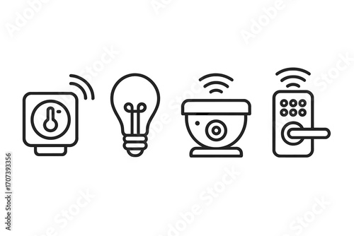 Smart home devices icons set including thermostat control, light bulb, security camera, and digital door lock in minimalist linear style, vector cartoon illustration