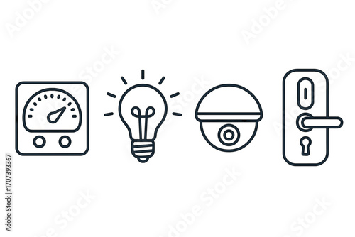 Smart home devices icons set featuring thermostat gauge, illuminated light bulb, dome security camera, and modern door lock in linear style, vector cartoon illustration transparent background