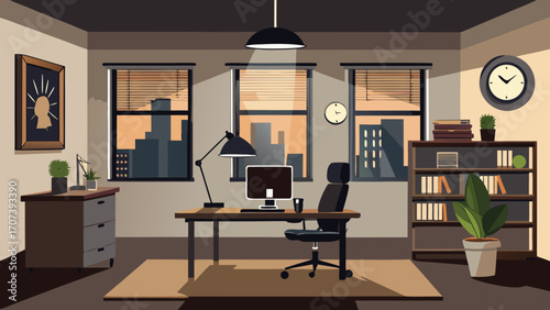 Illustration of a modern office interior with furniture and city view at dusk