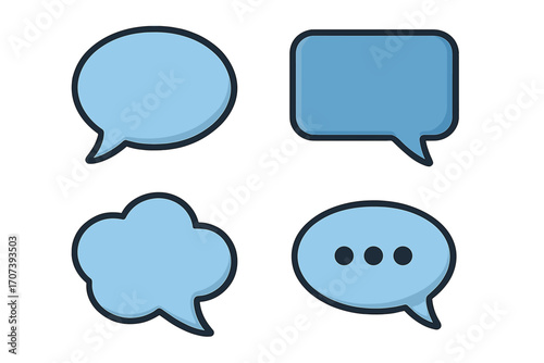 Set of flat style speech bubble symbols, cartoon vector illustration with transparent background, ordered collection of communication icons, dialogue and chat design elements