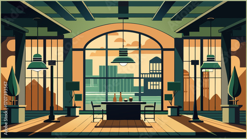 Vector art of contemporary interior design of a loft apartment with city view and furniture