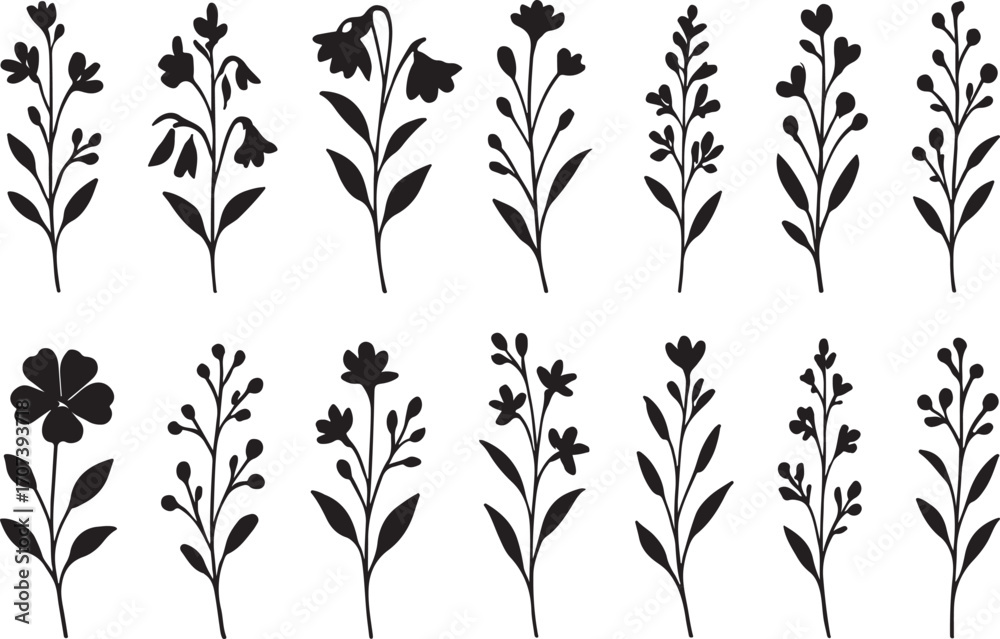 Naklejka premium Botanical Elegance: A collection of elegant black silhouette flower illustrations on bright background, each delicate bloom showcases nature's artistry.