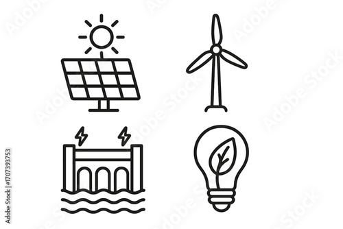 Sustainable energy icons set featuring solar panel with sun, wind turbine, hydroelectric dam with water waves, and eco light bulb with leaf in modern linear style vector illustration