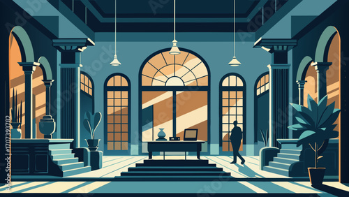 Vector art of interior of a grand hall with columns and a person walking towards desk