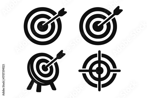Target icon set with accuracy symbols, silhouette style vector illustrations, precise arrow hits, circular bullseye designs, aiming goal concepts, isolated transparent background