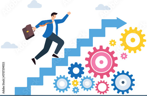 Flat illustration of businessman running up stair on cogwheel gears system