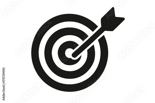 Target icon silhouette with arrow, accuracy symbol vector cartoon illustration, precision bullseye design with concentric circles, success concept graphic, transparent background