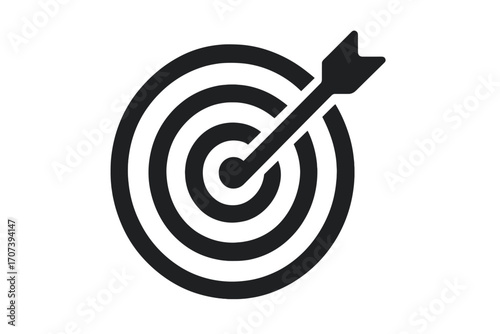 Target icon silhouette with arrow hitting bullseye, accuracy symbol, precise aim concept, vector cartoon illustration, transparent background, goal achievement, success marker