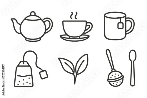 Tea set icons collection with teapot, cup, mug, tea bag, tea leaves, infuser, and spoon in simple line art style, vector cartoon illustration, transparent background, ordered set