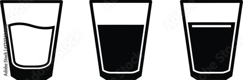 Three Drinks' Perspective: An abstract, monochrome image showcasing three glasses, each distinctively filled to varying levels with liquid, representing concepts such as fullness, emptiness.