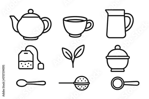 Tea set icons collection with teapot, cup, tea bag, leaves, infuser, spoon, and accessories in simple line art style, vector cartoon illustration with transparent background, ordered set