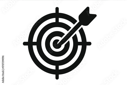 Target symbol with arrow hitting bullseye, accuracy icon silhouette, precision goal concept, vector illustration with transparent background, focus, success, aim, achievement