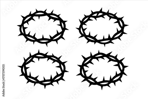 Thorn crown silhouette icon, vector cartoon illustration of circular spiked crown set, religious symbol, Christian passion, Holy crown of thorns, spiritual concept