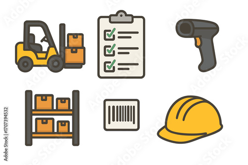 Warehouse and logistics icon set with forklift, checklist, barcode scanner, shelving, and safety helmet, vector cartoon illustration, transparent background, inventory management symbols