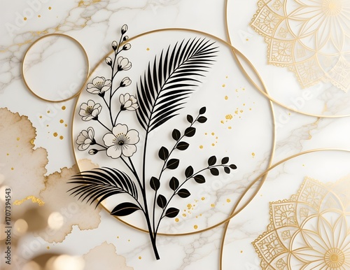 Luxury Botanical Line Art on Marble with Gold Accents, for Elegant Wall Art and Home Decor
