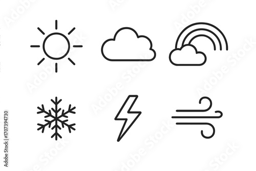 Weather icon set in simple line art style including sun, cloud, rainbow, snowflake, lightning, and wind. Vector cartoon illustration with transparent background, ordered collection of weather symbols.