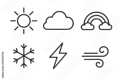 Weather icons set including sun, cloud, rainbow, snowflake, lightning, and wind in simple line art style, vector cartoon illustration with transparent background, ordered collection for weather design